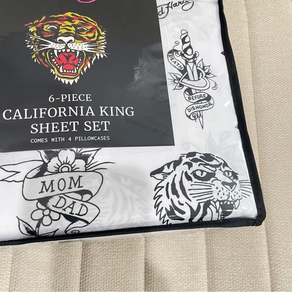 NEW Ed Hardy 6 Piece California King Sheet Set Tattoo Graphic Print White Black‎